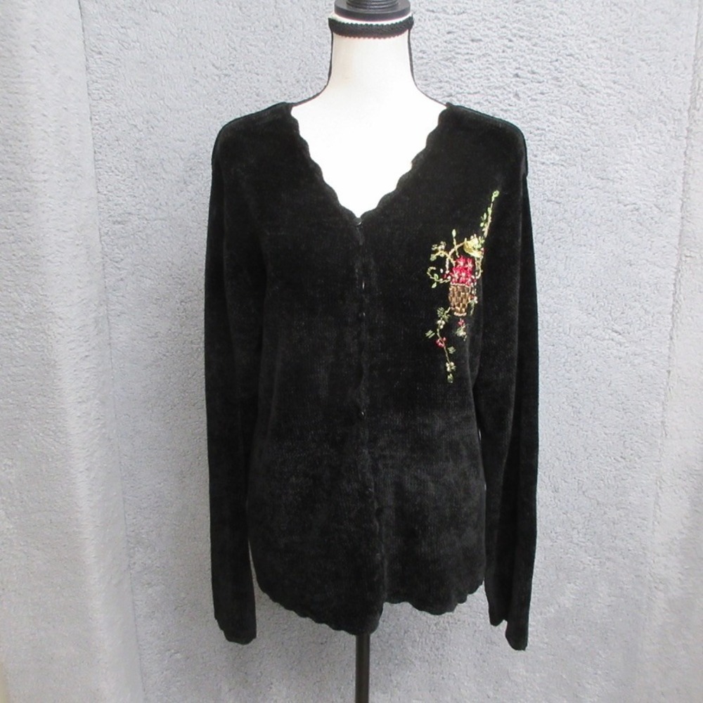 Sweet Romeo Cardigan Women L Black Chenille Floral Embroidered Whimsigoth Cozy